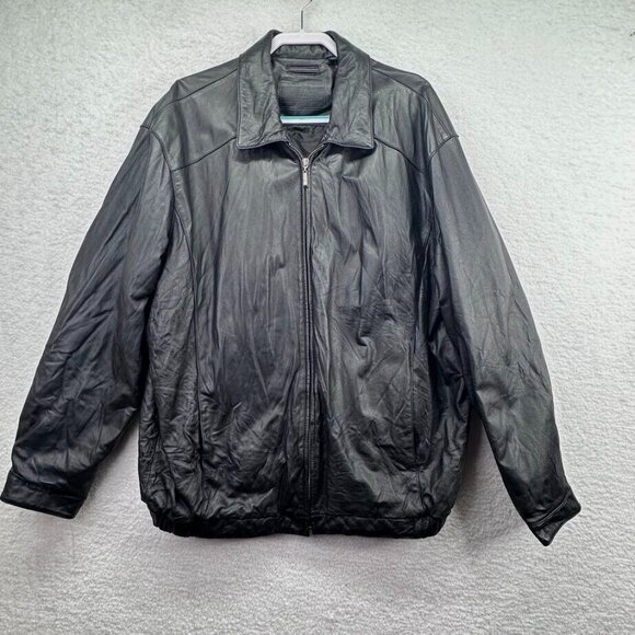 Roundtree & Yorke Jacket Mens 2 Extra Large Tall Black Leather Bomber Full Zip - Picture 1 of 12